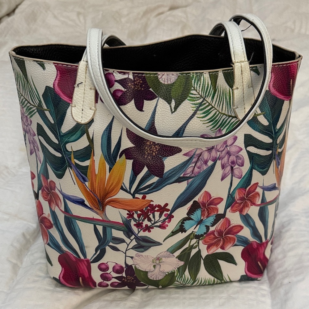 Reversible Tropical Floral Tote Bag with Multicolor or black n white Bag